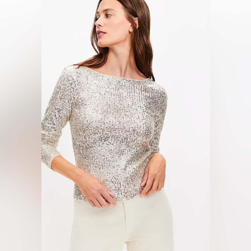 LOFT Champagne Sequin BLOUSE PETITE Size MP